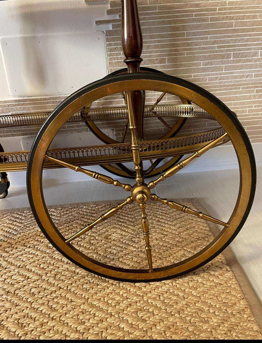 carrello bar vintage italiano in ottone con ruote targate design anni 50 stile Hollywood Regency pannelli in vetro scomponibili