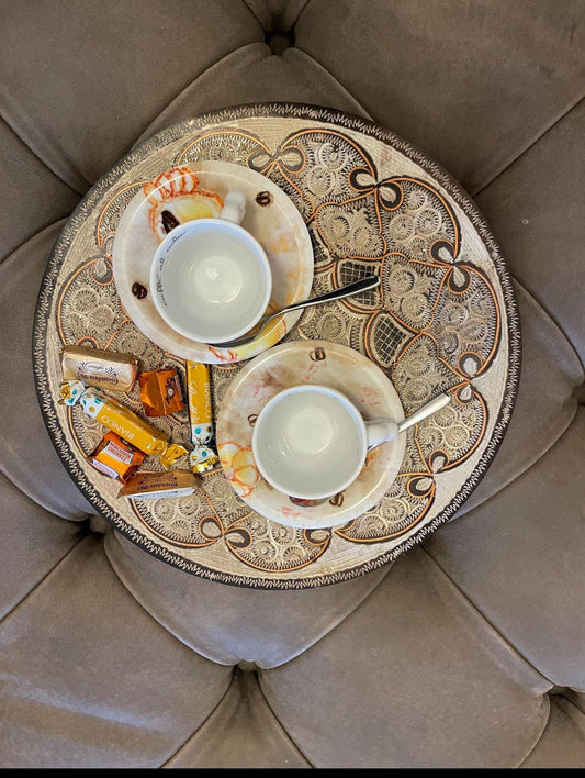 Luxury handcrafted tea and coffee serving set with ornate decorative tray featuring intricate geometric and floral patterns.