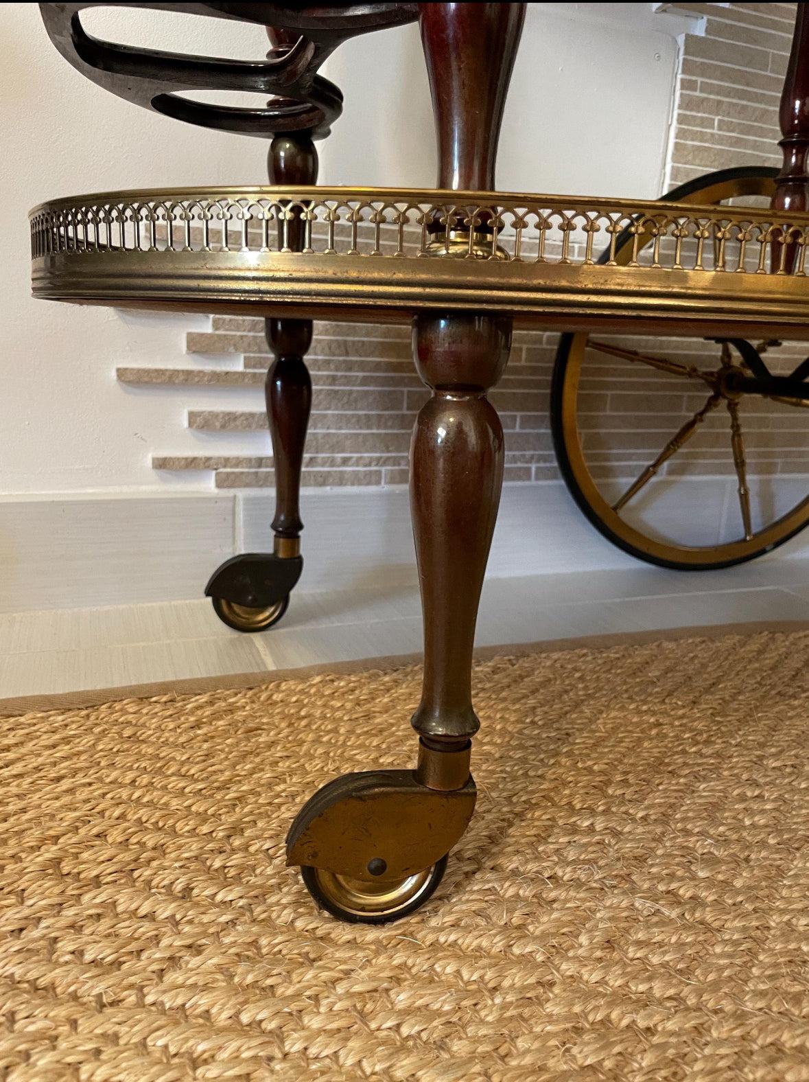 carrello bar vintage in ottone e legno con ruote stile Hollywood Regency anni 50 design italiano mid century
