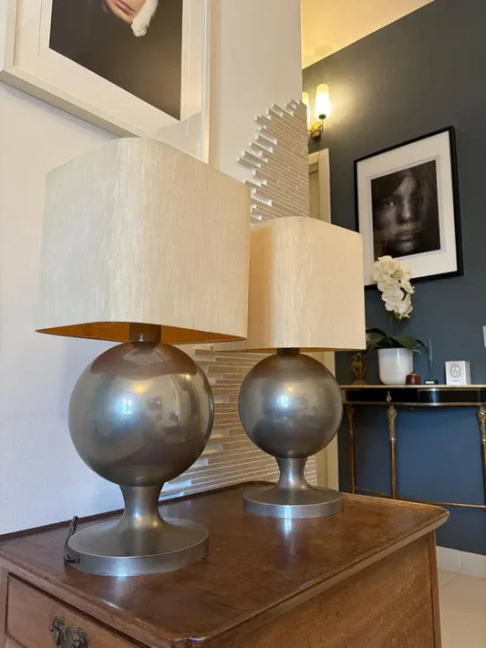 Lampade da scrivania vintage in ottone stile Space Age con paralumi rettangolari, design anni '70 ispirato al Bauhaus e Hollywood Regency.