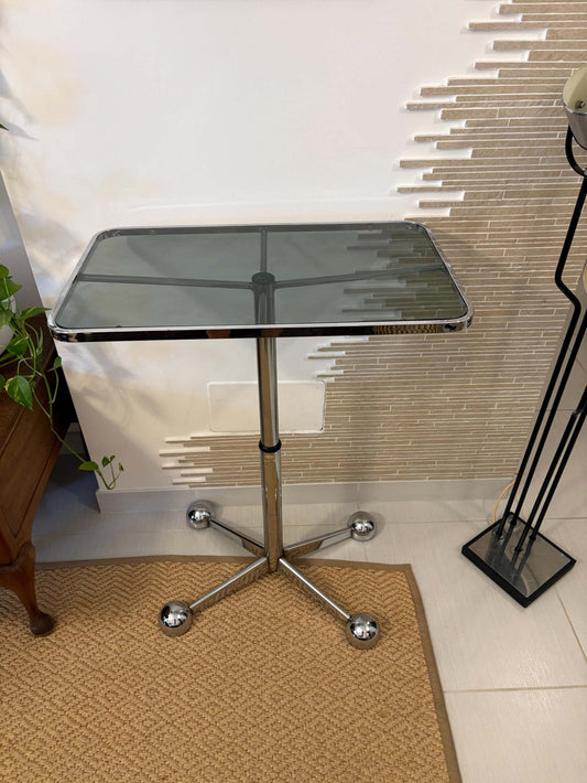 Vintage tables mid century adjustable height smoked glass top table with wheels