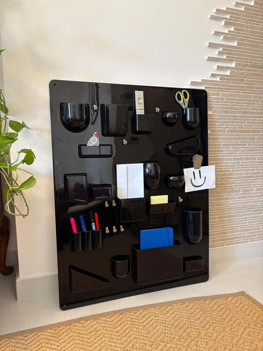 Black Uten.silo vitra vintage mid-century wall organizer by Dorothee Becker with multiple compartments and office supplies