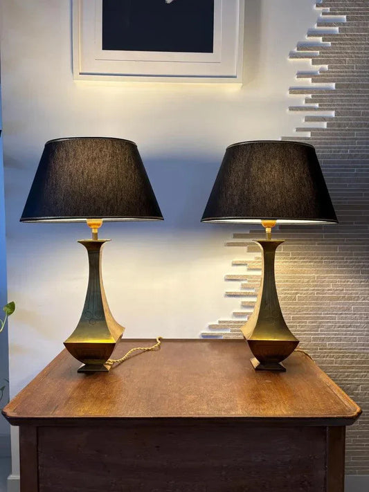 Lampade da scrivania vintage in ottone stile Space Age con paralume nero, design Bauhaus metà secolo.