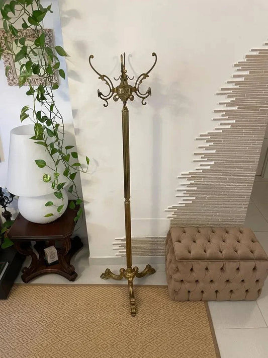 Vintage brass coat hanger with Mid-Century Modern and Art Deco design, handcrafted Italian valet stand with elegant gold finish.