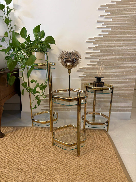 Set of three vintage brass and glass bedside tables with sculptural mid-century Italian design