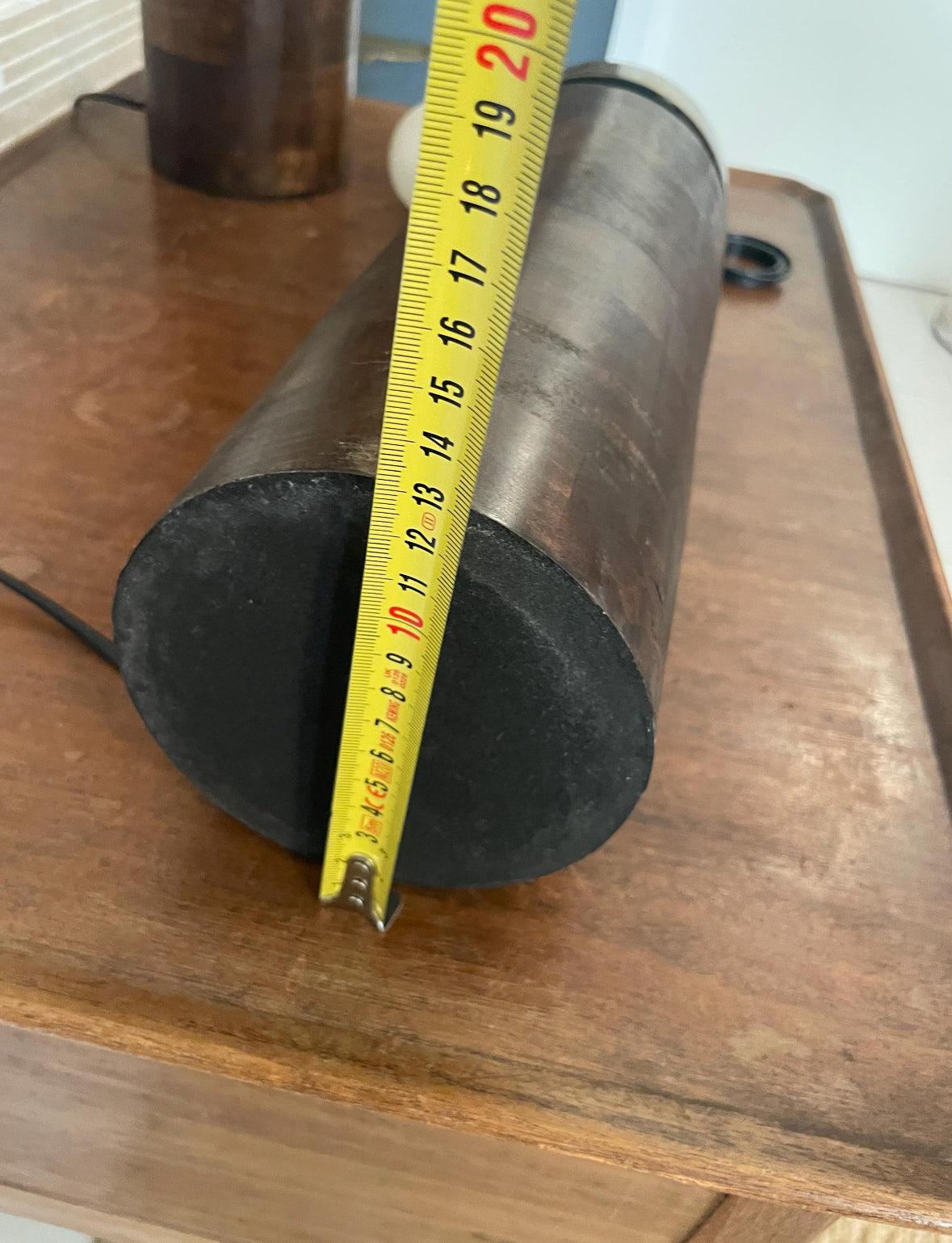 lampada da tavolo vintage design deco base cilindrica legno scuro finitura lucida e metallo ottone antiquato senza paralume