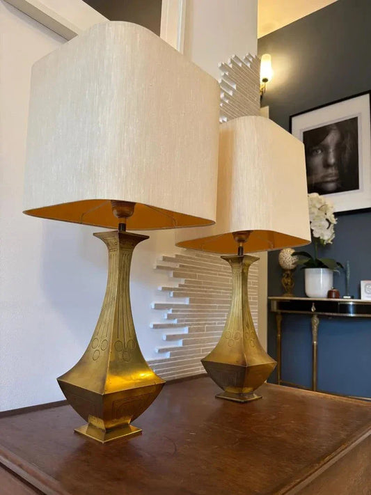 Lampada da scrivania vintage in ottone stile Space Age con paralume beige, design Bauhaus anni '70